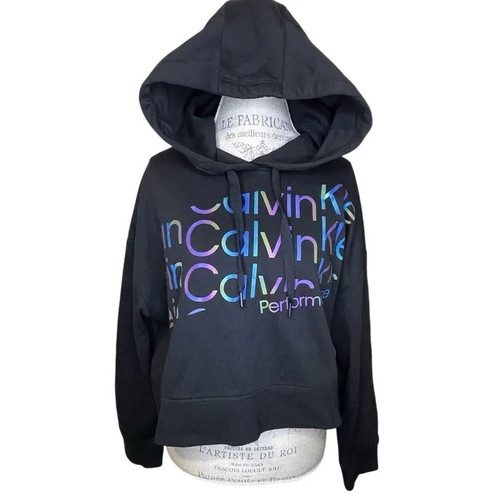 NWT Calvin Klein Performance Womens Cropped Hoodie With Iridescent Logo Black XL